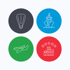 Cruise, flippers and airplane icons.