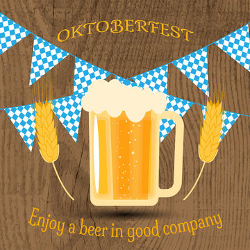 Vector image for Oktoberfest with mug of beer, flags on the wood texture background.