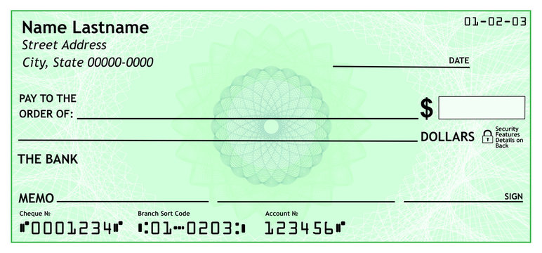 Blank bank check, 3D rendering