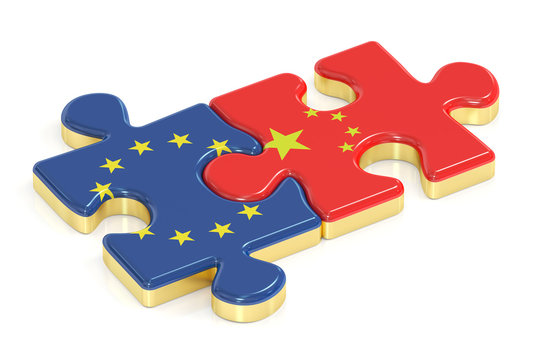 China and EU puzzles from flags, 3D rendering