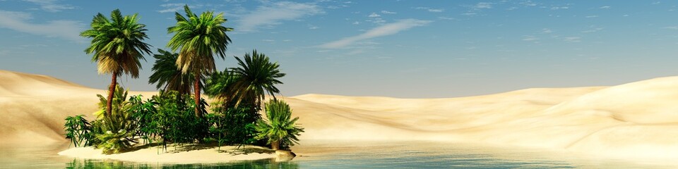 Panorama of the desert. Oasis and palm trees. banner.