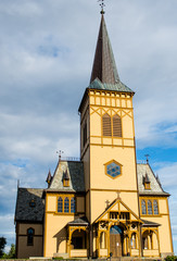 Fototapeta na wymiar Lofoten cathedral in Kabelvag, Lofoten islands in Norway. Vågan Church.