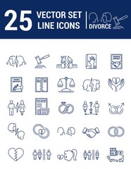 Vector set of icons in linear design. Divorce and the legal proc