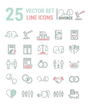 Vector set of icons in a linear design on the subject of divorce