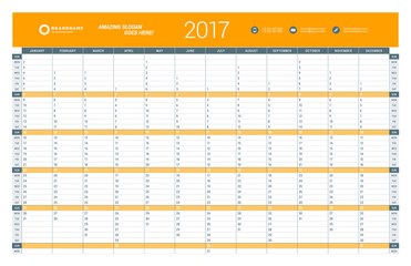 Yearly Calendar Planner Template for 2017 Year. Vector Design Print Template. Week Starts Sunday. Stationery Design