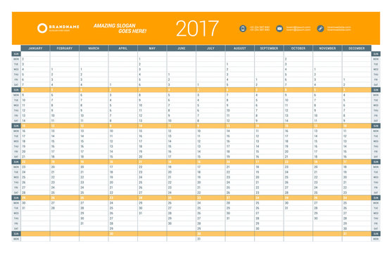 Yearly Calendar Planner Template for 2017 Year. Vector Design Print Template. Week Starts Sunday. Stationery Design
