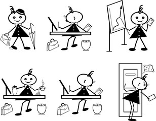 Stick figure of woman.Part 4 (to go to work, work on the computer, to explain the graph, business lunch, to eavesdrop, to consider and analyze)
