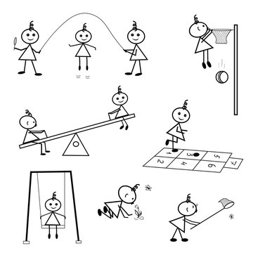 Stick figure positions set vector. Part 6 (jump rope, play basketball, swing on the swings, play hopscotch, smell the flowers, catch a butterfly)