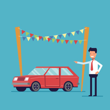 Smiling dealer offers to buy the car. Sale of new and second-hand vehicles. Happy man in a shirt and tie. Vector flat image isolated on a blue background.