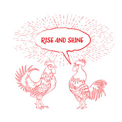 Rise and Shine calligraphy writing in speech bubble. Hipster design with roosters. Hand drawing morning roosters birds on white background.