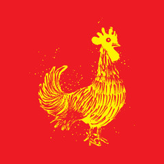 Rooster yellow on red background. Vintage style cock. Zodiac symbol for Chinese New year 2017. Hair texture on the edge of the rooster with paint texture ink. Grunge.