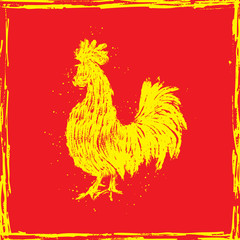 Rooster in yellow frame on red background. Vintage style cock. Zodiac symbol for Chinese New year 2017. Hair texture on the edge of the rooster with paint texture ink. Grunge.