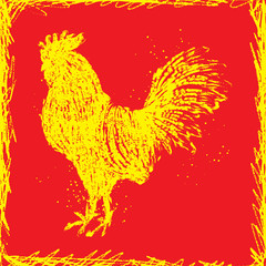 Rooster in yellow frame on red background. Vintage style cock. Zodiac symbol for Chinese New year 2017. Hair texture on the edge of the rooster with paint texture ink. Grunge.