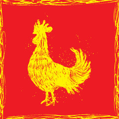Rooster in yellow frame on red background. Vintage style cock. Zodiac symbol for Chinese New year 2017. Hair texture on the edge of the rooster with paint texture ink. Grunge.