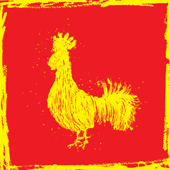 Rooster in yellow frame on red background. Vintage style cock. Zodiac symbol for Chinese New year 2017. Hair texture on the edge of the rooster with paint texture ink. Grunge.
