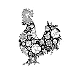 Hand drawn doodle outline rooster illustration imitation. Decorative abstract floral ornate rooster drawing. Adult colouring bird. Stylized flower cartoon rooster or cock for colouring and drawing.