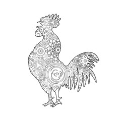 Fototapeta na wymiar Stylized cartoon rooster or cock made of circle flowers. Hand drawing for adult anti stress coloring page, floral doodle. Zodiac for 2017 New Year of rooster. Hand drawing imitation. 