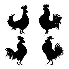 Set of roosters, cocks, Chinese zodiac illustration collection. Logo, emblem, symbol designs bundle. Red hand drawing silhouette isolated on white. 2017 Chinese Year of the Rooster zodiac emblems. 