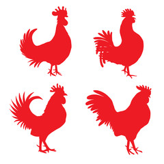 Set of roosters, cocks, Chinese zodiac illustration collection. Logo, emblem, symbol designs bundle. Red hand drawing silhouette isolated on white. 2017 Chinese Year of the Rooster zodiac emblems. 