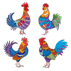 Set of roosters, cocks, Chinese zodiac illustration collection. Logo emblem, symbol designs bundle. Colourful hand drawing roosters isolated on white. 2017 Chinese Year of the Rooster zodiac emblems. 