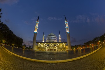 The beautiful Sultan Salahuddin Abdul Aziz Shah Mosque (also known as the Blue Mosque) located at Shah Alam, Selangor, Malaysia with fish eye view lens