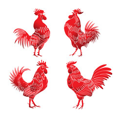 Set of roosters in different directions and poses. Hand drawing of red cocks. Collection of detailed quality farm birds. Bundle of zodiac symbols for Chinese New year 2017.  