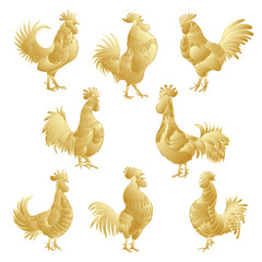 Set of Chinese 2017 new year of the Rooster symbols. Gold metallic roosters collection. Hand drawing bird with gradients. Chinese calendar Zodiac. Rooster golden silhouette bundle.