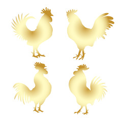 Set of Chinese 2017 new year of the Rooster symbols. Gold metallic roosters collection. Hand drawing bird with gradients. Chinese calendar Zodiac. Rooster golden silhouette bundle.