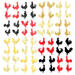 Super set of Golden, red and black roosters. Chinese calendar Zodiac for 2017 New Year of rooster collection. hand drawing or painting of the silhouettes with Chinese calligraphy Ink sticks splashes.
