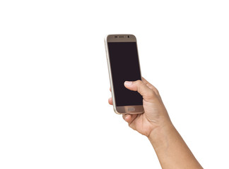 Hand of woman holding smartphone isolated on white background