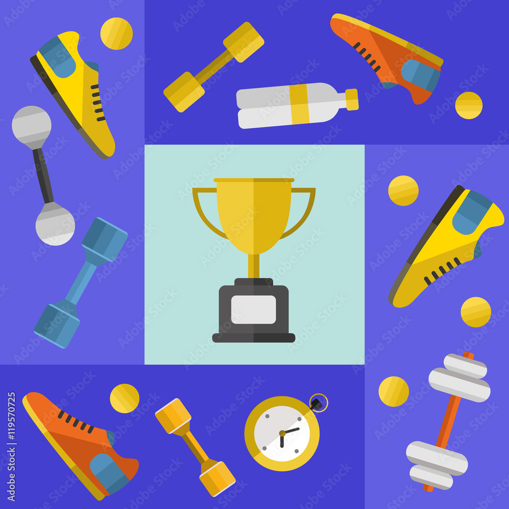 Sticker Gold winner cup with sports equipment, vector illustration in flat style. Different athletic equipments around gold trophy cup on blue background. Champion concept