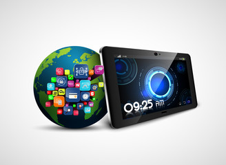 Earth of application icons with  fingerprint on tablet isolated on white background