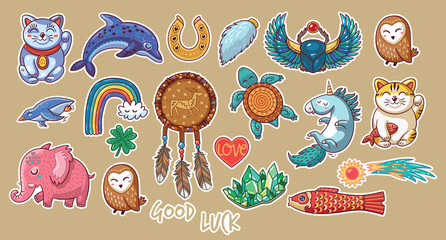Collection of stickers with lucky symbols