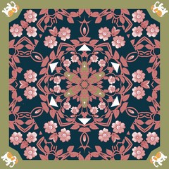 Floral kerchief. Bandana print or silk neck scarf with beautiful ornament from flowers. Vector illustration.