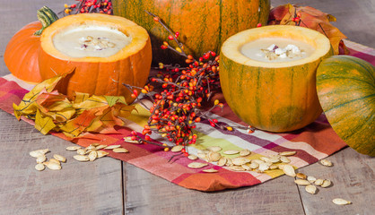 Pumpkin soup with fall decorations