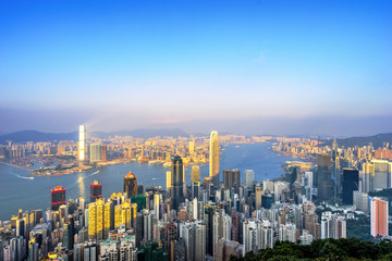 cityscape and skyline of hong kong at sunrise