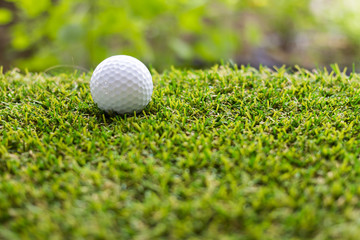 Golf ball on green grass background