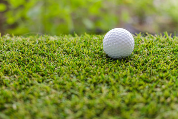 Golf ball on green grass background