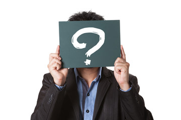 Businessman holding green blackboard isolated on white backgroun