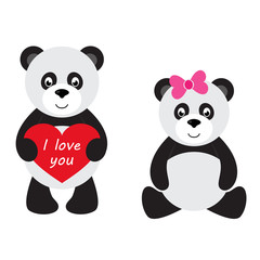 cartoon panda with heart and panda with bow