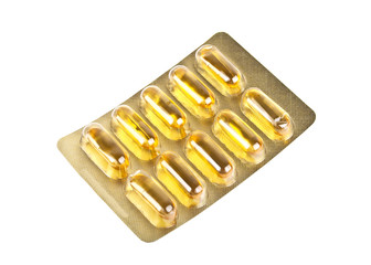 Cod liver oil omega 3 gel capsules in blister package on a white