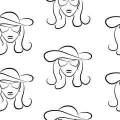 black silhouette portrait of beautiful woman with glasses and wide-brimmed hat, seamless pattern