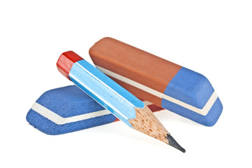 Erasers and blue pencil isolated on a white background