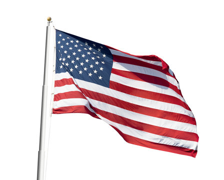 Photo of American flag waving on white background