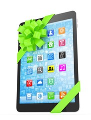 Black tablet with green bow and icons. 3D rendering.