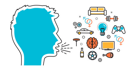 Flat line illustration of man shouts and talk about their favorite interests, wanted, dream, idea, desire, wish. Website blog banner, infographic elements, logo, icon and thought process