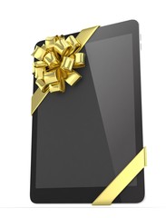 Black tablet with golden bow. 3D rendering.