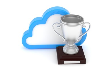 Isoalted silver cup with cloud on white background. Blue contour cloud. Concept of cloud storage competition. Leader cloud drive. Best storage contest. 3D rendering.
