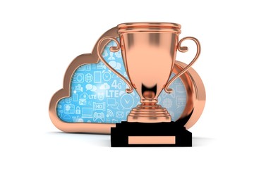 Isoalted bronze cup with cloud on white background. Bronze contour cloud. Concept of cloud storage competition. Leader cloud drive. Best storage contest. 3D rendering.