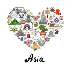 Stylized heart with hand drawn colored symbols of Asian countries